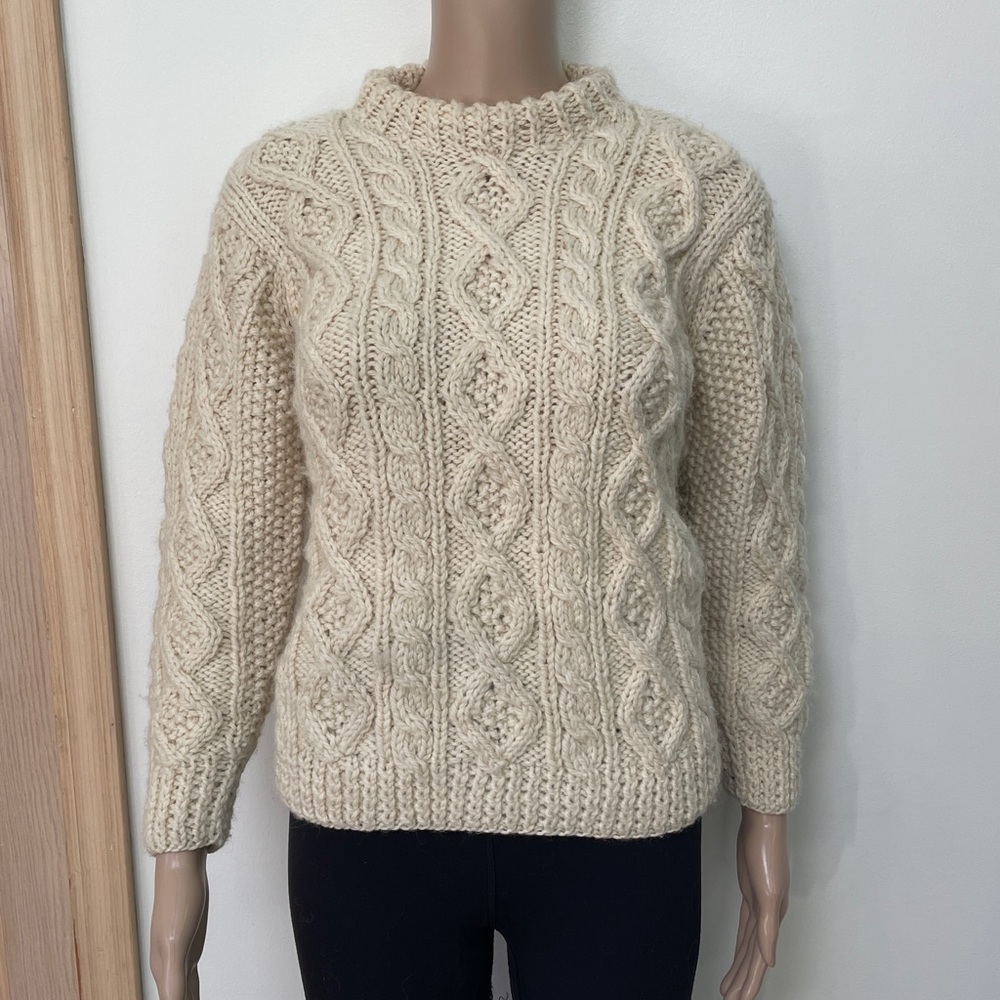 Vintage Sweater Off White Cream Cable Knit Crewneck Long Sleeves Wool Fisherman